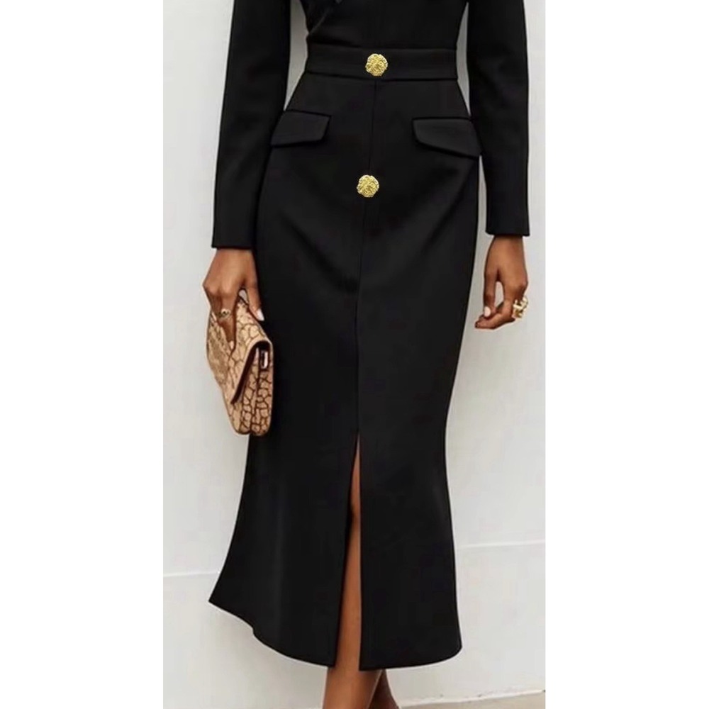 DALIA MACPHEE Black Midi Dress Gold Button Oversized Bow Mock Neck Long Sleeve M - Picture 3 of 10